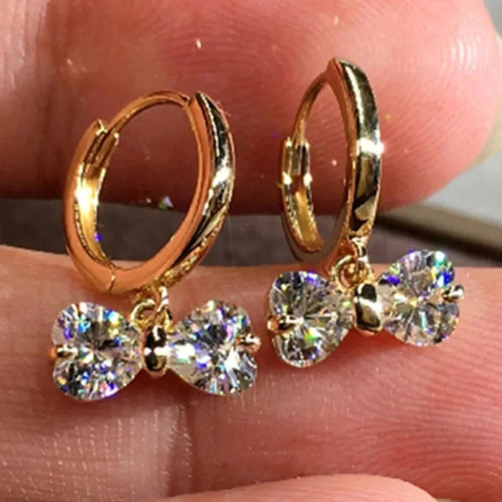 💥18K Gold Hoop Huggies Exquisite Crystal Bowknot Drop Dangle EarringsUNVN12488